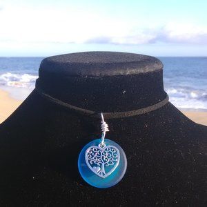 Turquoise Sea Glass Tree of Life Heart Necklace